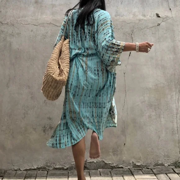 Turquoise Tie Dye Boho Swim Coverup Kimono Robe - Picture 9 of 9